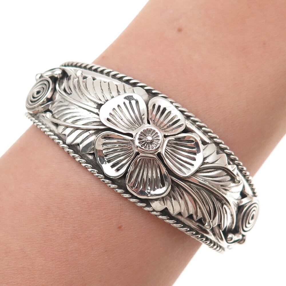 Annie Chapo Navajo Old Pawn 925 Sterling Vintage Floral Adjustable Bracelet 6"